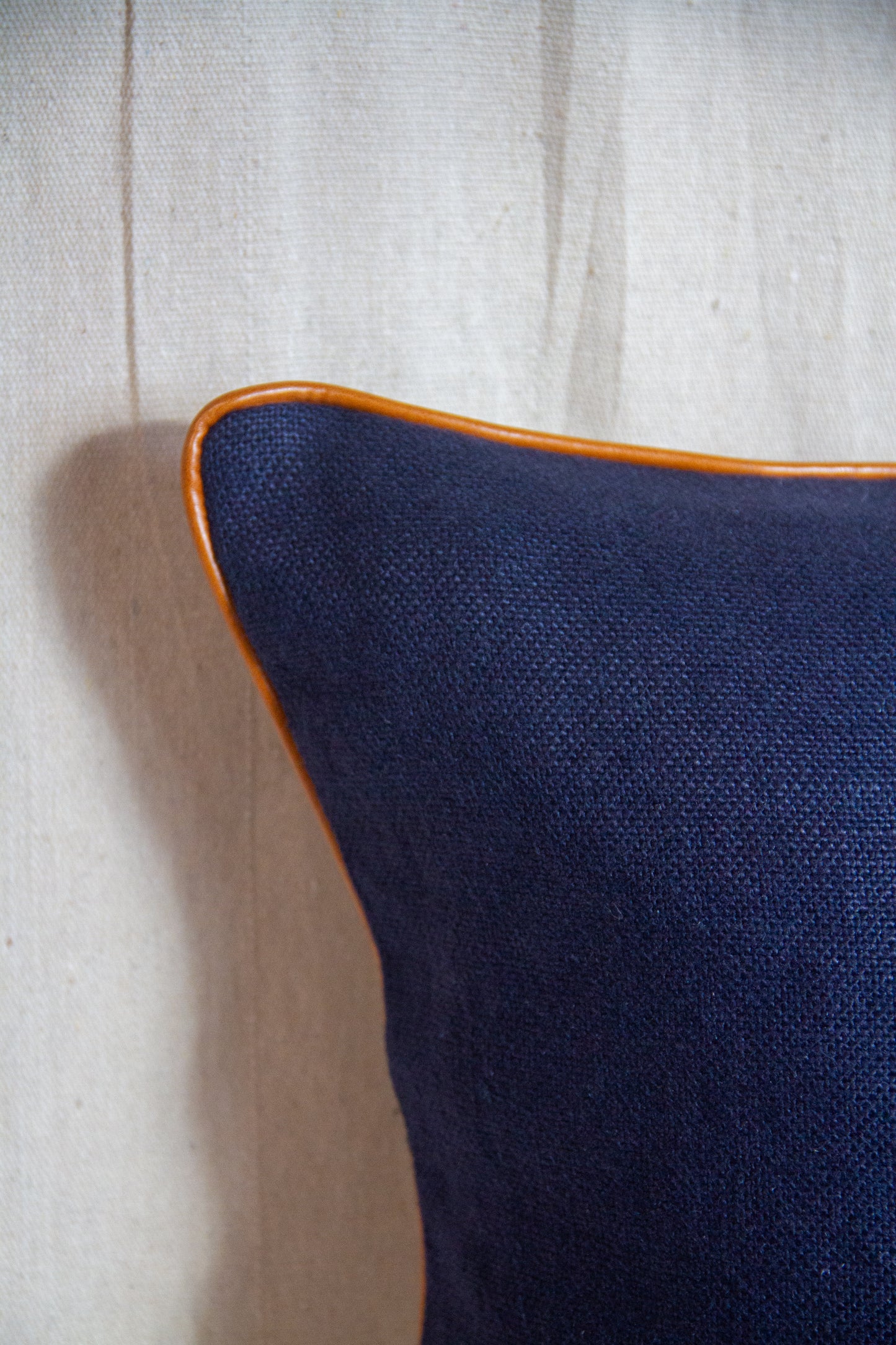 Kravet Madison Linen in Ink with Leather Piping Pillow Cover