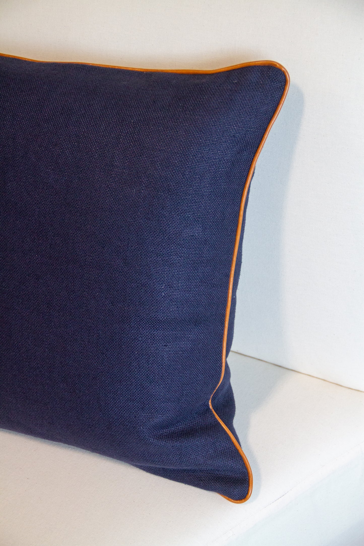 Kravet Madison Linen in Ink with Leather Piping Pillow Cover