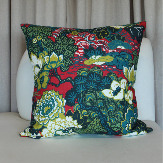 Schumacher Shanghai Peacock in Cerise Pillow Cover