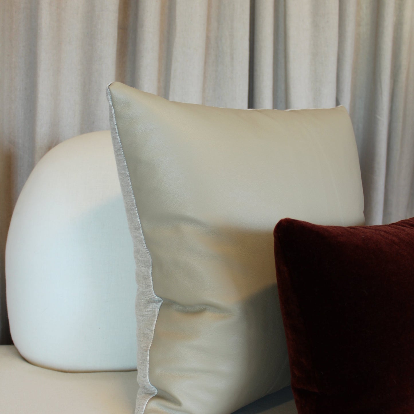 Light Tan Leather with Beige Linen Pillow Cover