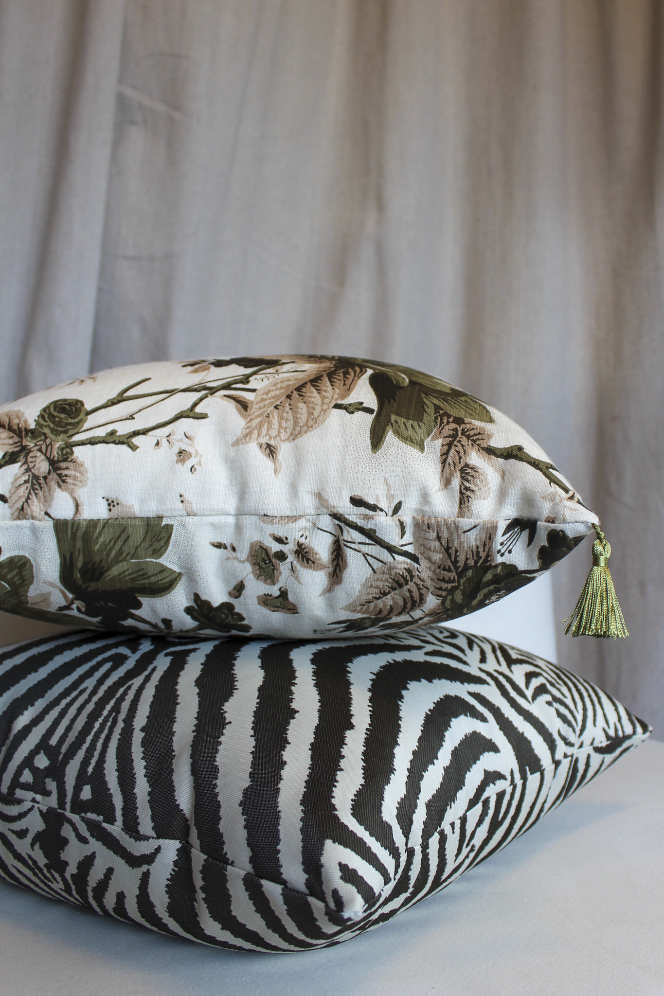 Paolo Moschino De La Tour Green & Taup With Tassels Pillow Cover